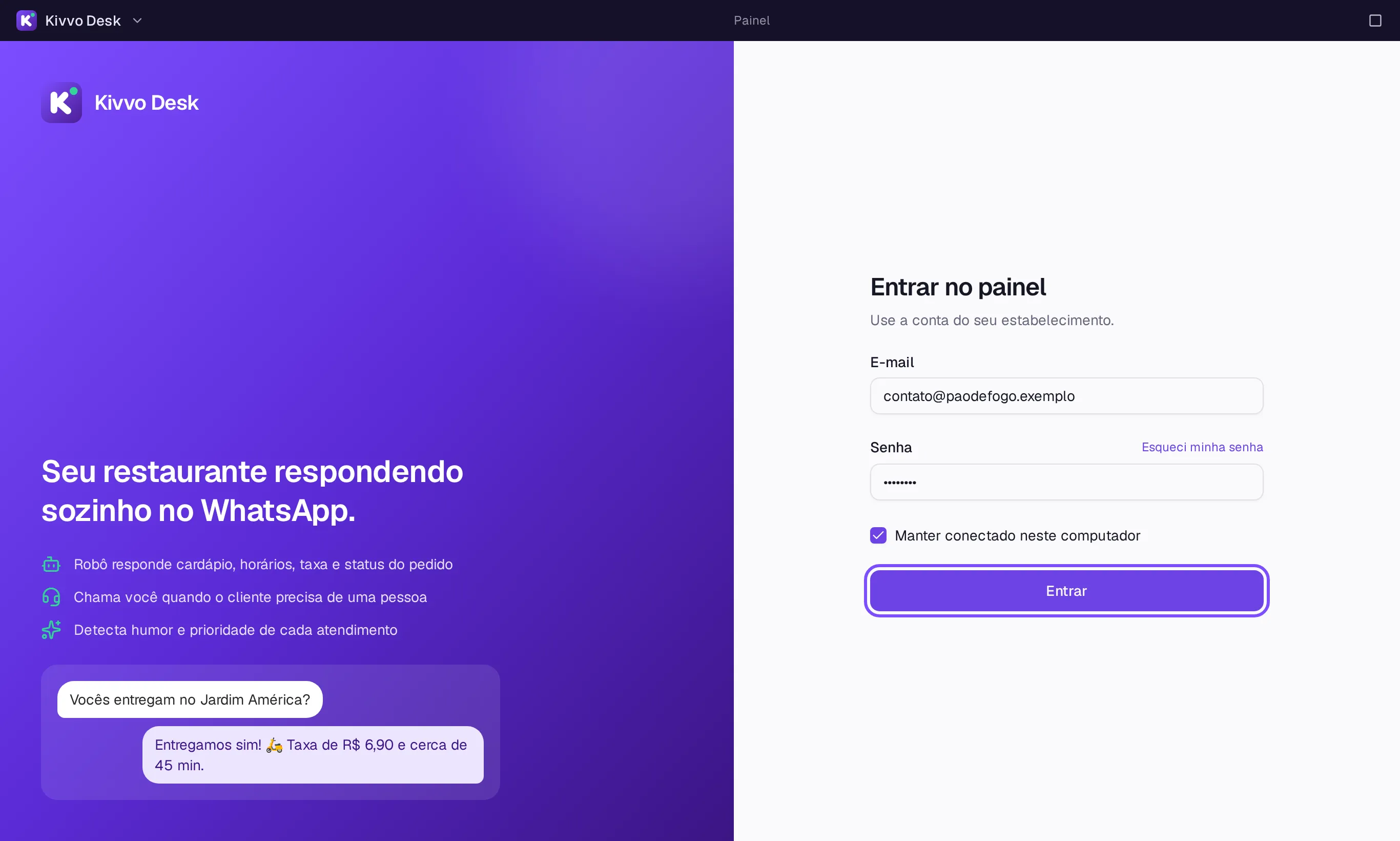 Tela Entrar no painel do Kivvo Desk, com os campos E-mail e Senha, a opção Manter conectado neste computador e o botão Entrar em destaque