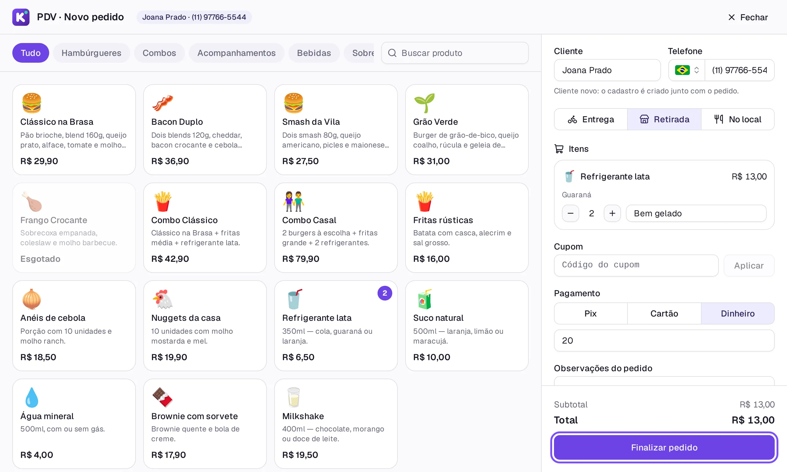Janela PDV · Novo pedido do Kivvo Desk, com os produtos à esquerda e, à direita, o cliente, os itens, a forma de pagamento e o botão Finalizar pedido em destaque